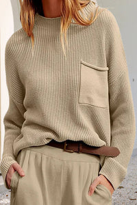 Damen Pullover mit Tasche, Rundhalsausschnitt und langen Ärmeln in Khaki