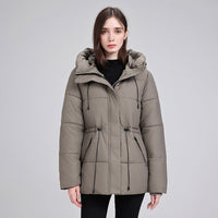 Damen wattierter Kapuzenparka mit taillierbarem Kordelzug und Rippbündchen in Grau