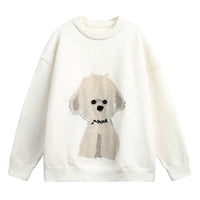 Damen Oversized Rundhals Pullover mit Hundemotiv in Wolken Weiß