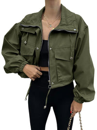 Damen Kurzjacke mit Kordelzug und elastischen Bündchen in Olivgrün