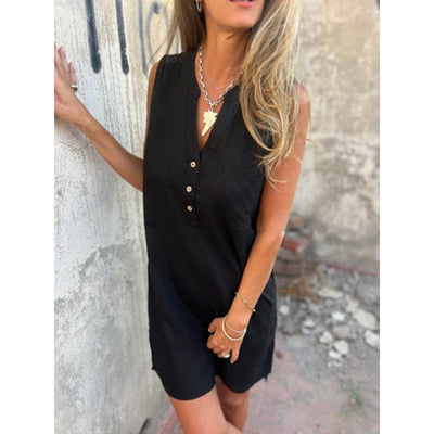 Fudus | Leinenkleid Lässig Locker Ärmellos Leinenkleid