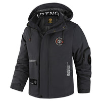 Herren wattierte Wind- und Wetterjacke mit Kapuze und Utility-Taschen in Dunkelgrau