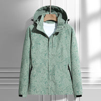 Damen leichte Regen- und Windjacke mit Kapuze und Blattmuster in Damen - Bohnengrün