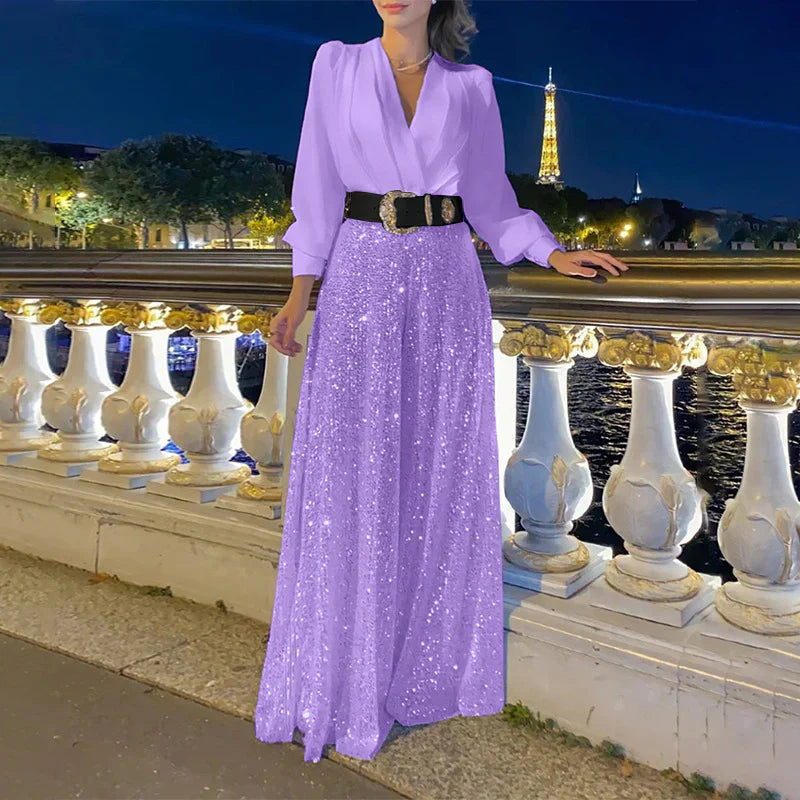Damen-Oberteil mit V-Ausschnitt und Hose mit weitem Bein
