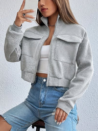 Damen cropped Freizeitjacke mit Taschen und Reißverschluss in Grau