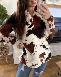 Damen Pullover mit Reißverschluss und langen Ärmeln in Dunkelbraun/Weiß