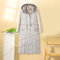 Damen lange Thermo-Steppweste mit Kapuze und Multifunktionstaschen in Offwhite