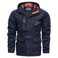 Herren wasserdichter und winddichter Outdoorparka mit abnehmbarer Kapuze in Dunkelblau 086