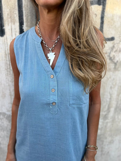 Fudus | Leinenkleid Lässig Locker Ärmellos Leinenkleid