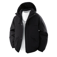 Herren wattierter Kapuzenparka mit hohem Stehkragen und verstellbarem Kordelzug in Obsidianschwarz