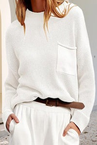 Damen Pullover mit Tasche, Rundhalsausschnitt und langen Ärmeln in Weiß