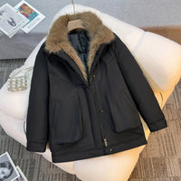 Damen mittellanger Winterparka mit abnehmbarem Kunstfellkragen in Schwarz
