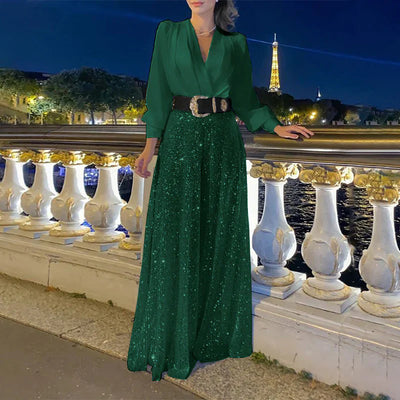 Damen-Oberteil mit V-Ausschnitt und Hose mit weitem Bein