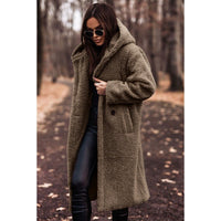 Damen Teddymantel mit Kapuze und großen Knöpfen in Khaki