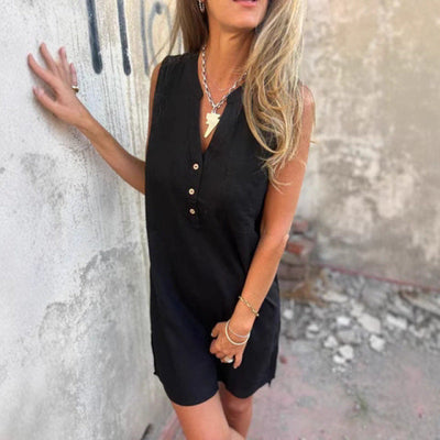 Fudus | Leinenkleid Lässig Locker Ärmellos Leinenkleid