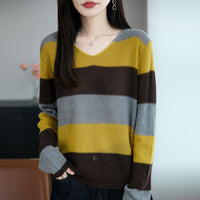 Damen Pullover mit V-Ausschnitt und Streifen in Gelb gestreift