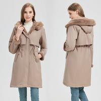 Damen langer Parka mit abnehmbarer Kapuze und taillenverstellbarem Kordelzug in Khaki