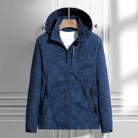 Damen leichte Regen- und Windjacke mit Kapuze und Blattmuster in Herren - Dunkelblau