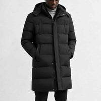 Herren Longline Pufferjacke mit Kapuze und Taschen in Schwarz