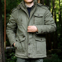 Herren Parka mit Kapuze, Kordelzug, Knöpfen und Taschen in Olivgrün