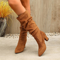 Damen Overkneestiefel mit Leopardenmuster und Blockabsatz in Camel
