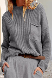 Damen Pullover mit Tasche, Rundhalsausschnitt und langen Ärmeln in Grau