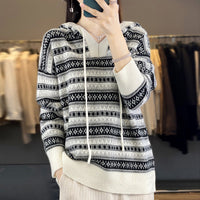 Damen Oversized Hoodie mit V-Ausschnitt und Kordelzug in Schwarz-Weiß