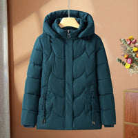 Damen gesteppte Thermo-Outdoorjacke mit Kapuze und Blumenstickerei in Blau