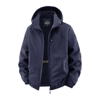 Herren Softshelljacke im Tactical-Stil mit versteckter Kapuze und Brusttasche in Dunkelblau
