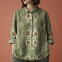 Blumenmuster Bluse mit langen Ärmeln und Kragen für Damen | Viona in Olivgrün