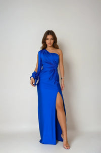 Einseitiges satiniertes Maxi-Abendkleid für Damen in Blau