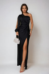 Einseitiges satiniertes Maxi-Abendkleid für Damen in Schwarz