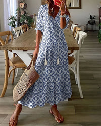 Brigitte | Damen Boho Midikleid Fließend Locker V-Ausschnitt Romantic in Blau