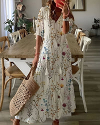 Brigitte | Damen Boho Midikleid Fließend Locker V-Ausschnitt Romantic in Weiß 2