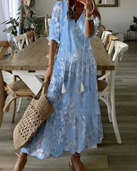 Brigitte | Damen Boho Midikleid Fließend Locker V-Ausschnitt Romantic in Hellblau