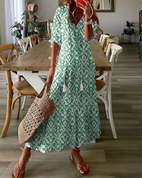 Brigitte | Damen Boho Midikleid Fließend Locker V-Ausschnitt Romantic in Grün
