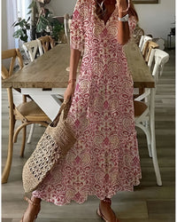 Brigitte | Damen Boho Midikleid Fließend Locker V-Ausschnitt Romantic in Rot
