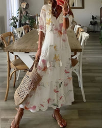 Brigitte | Damen Boho Midikleid Fließend Locker V-Ausschnitt Romantic in Weiß 1