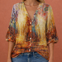 Bedruckte Bluse mit V-Ausschnitt und Knopfverschluss für Damen | Mireya in Orange