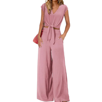 Michelle - V-Ausschnitt Crop Top mit Knoten vorne und weit geschnittene Hose Set in Pink