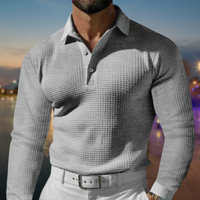 Herren T-Shirt - Rekken Fit Polo mit langen Ärmeln und Waffeltextur | Elegant in Grau