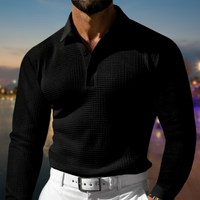 Herren T-Shirt - Rekken Fit Polo mit langen Ärmeln und Waffeltextur | Elegant in Schwarz