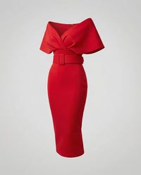 Damen Professionelle Schalkragen Midikleid in Rot