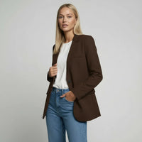 Marianne | Damen Langer Blazer Zweiknopf Klappentaschen Elegant Business in Kaffee