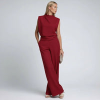 Émilie | Damen Set Jumpsuit Kurzarm Hoher Kragen Weit Modern Sommer in Rot