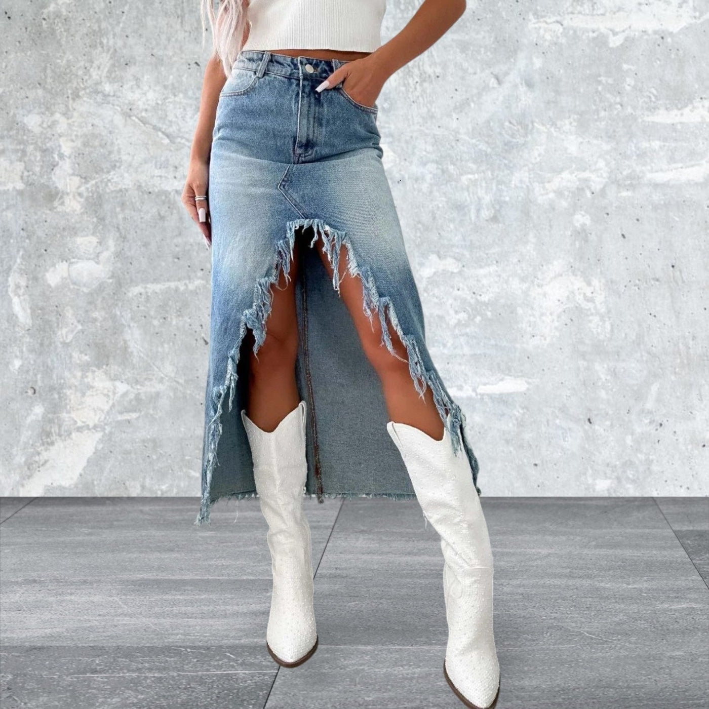 Fudus | Hohe Taille Rohsaum Asymmetrischer Jeansrock