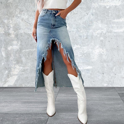 Fudus | Hohe Taille Rohsaum Asymmetrischer Jeansrock