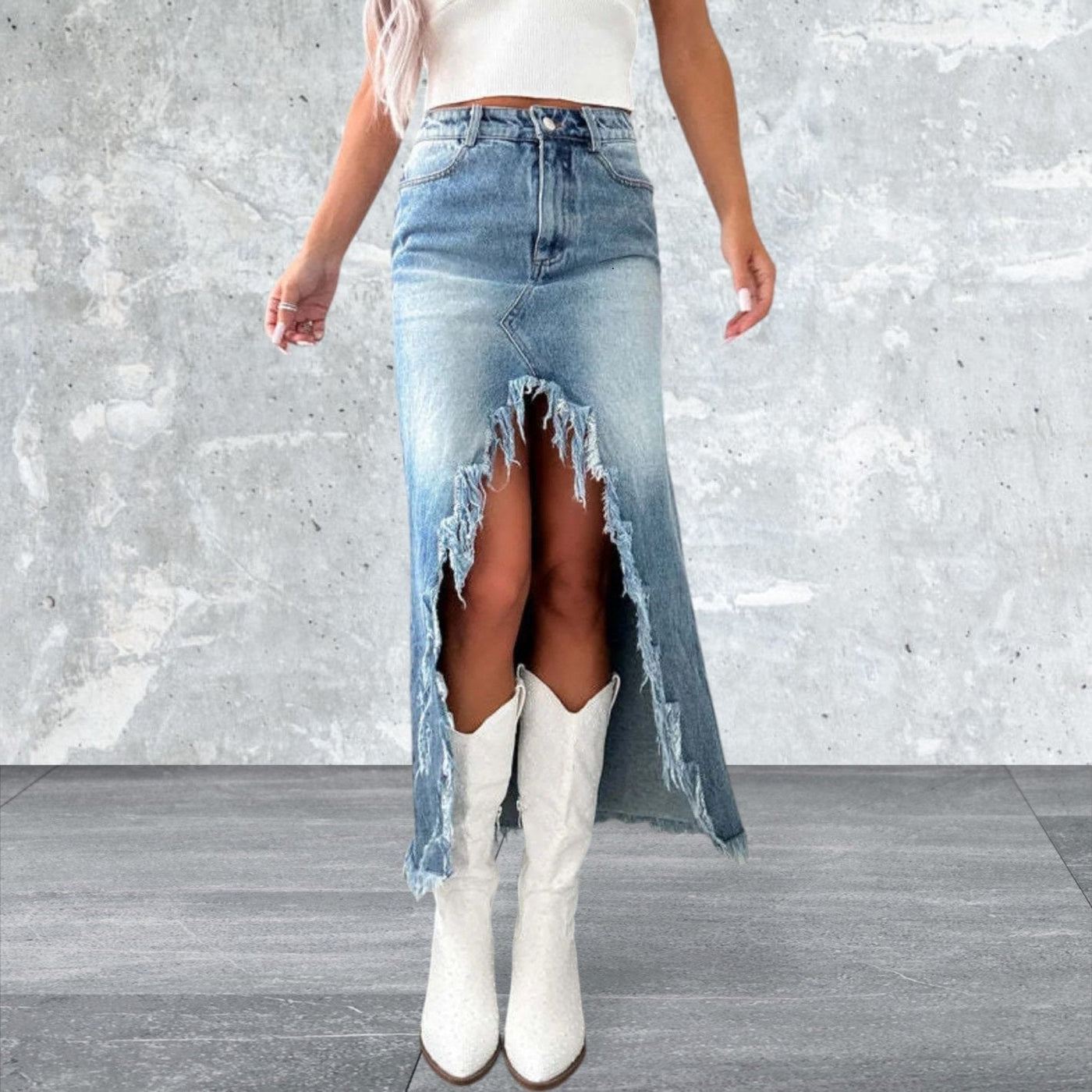 Fudus | Hohe Taille Rohsaum Asymmetrischer Jeansrock