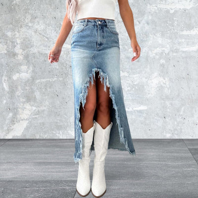 Fudus | Hohe Taille Rohsaum Asymmetrischer Jeansrock