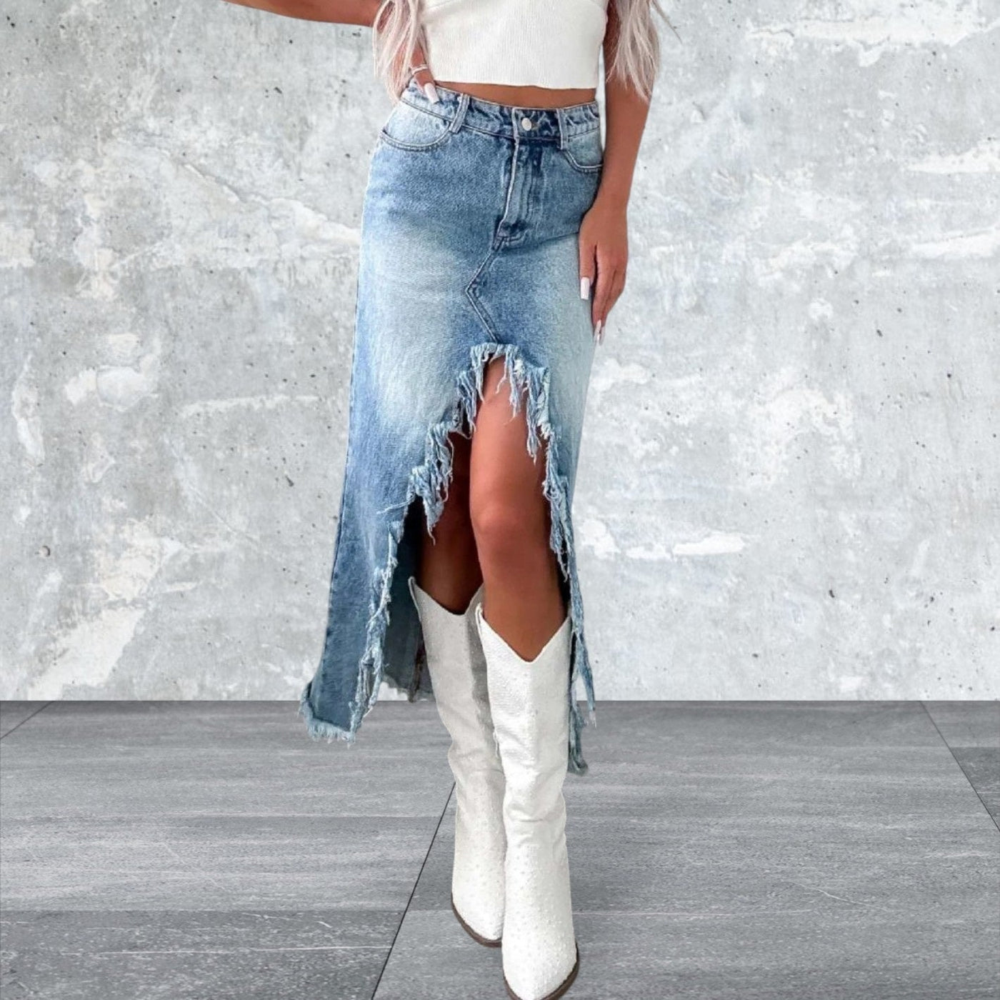 Fudus | Hohe Taille Rohsaum Asymmetrischer Jeansrock